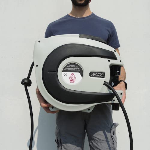 MAXTOOLS AR400 - Enrollatubos profesional con tubo flexible de 3/8 pulgadas en polímero híbrido, 20 m, para el paso de aire y agua de -5C a +60C hasta 20 bar