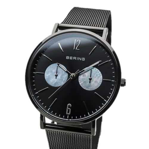 BERING 14236-123 Reloj de cuarzo para mujer de 36 mm con caja de acero inoxidable con acabado negro y esfera negra, correa milanesa, cristal de zafiro y resistencia al agua de 3 ATM