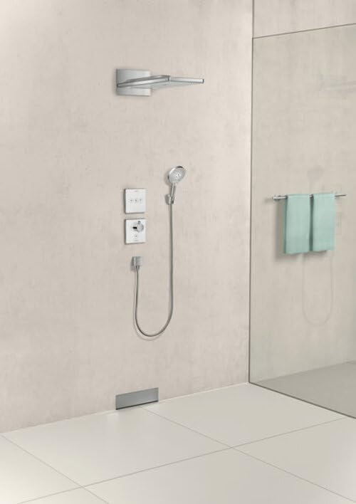 hansgrohe Rainmaker Select - rociador de ducha con conexión a pared, ducha fija rectangular (586 x 258 mm), cabezal de ducha lluvia 3 tipos de chorro para conexión pared, blanco/cromo, 24001400