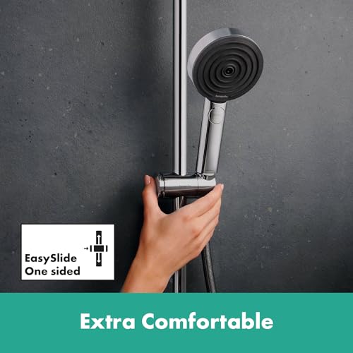 hansgrohe Pulsify S Puro - sistema de ducha ahorro de agua (EcoSmart) con termostato bañera, ducha lluvia (260 mm) con grifo bañera, ducha de mano, flexo, barra, ducha fija redonda, cromo, 24232000