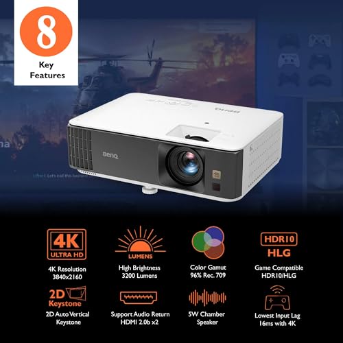 BenQ TK700 Proyector para Juegos 4K HDR con HDMI 2.0 * 2 | 60hz @ 4K | 240hz @ 1080p | 3200 Al | Modo de Juego | Altavoz de cámara 5W | 2D Keystone | 3D | PS5 | Xbox Series X
