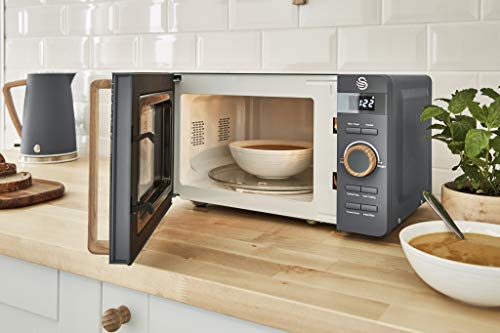 Swan Nordic Set Desayuno Hervidor de agua 1,7L 2200W, Tostadora Pan ranura ancha 2 rebanadas, Microondas 20L digital, diseño moderno, efecto madera, gris