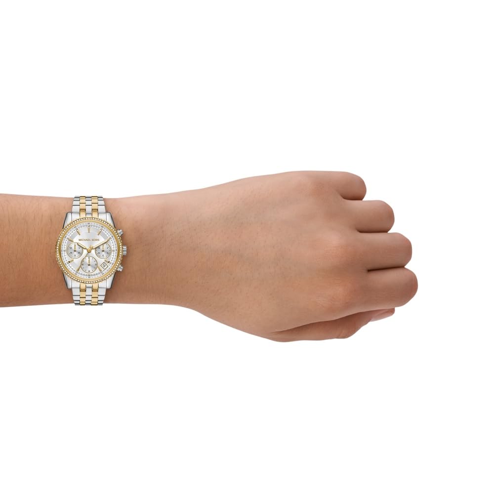 Michael Kors Reloj Bryant para Mujer, Movimiento cronógrafo de Cuarzo de 35 mm con Correa de Acero Inoxidable, 35 mm, Plateado y Dorado