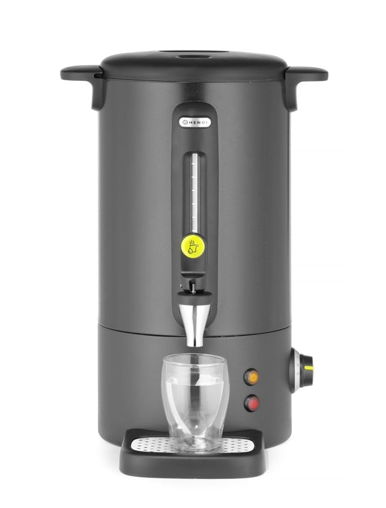 HENDI Hervidor de agua eléctrico 9L, dispensador de bebidas calientes, termo de una pared para vino, té, hasta 100°C, 230V, 50/60Hz, 950W, 307x330x(H)450mm, negro mate, acero inoxidable, PP