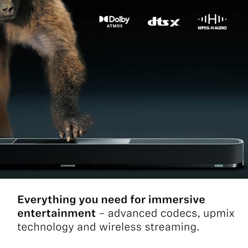 Sennheiser AMBEO Soundbar Plus para TV y Música - Sonido Envolvente 3D Inmersivo, Configuración de Altavoces Virtual 7.1.4, Subwoofers Dobles Integrados, Conexión Streaming Avanzada