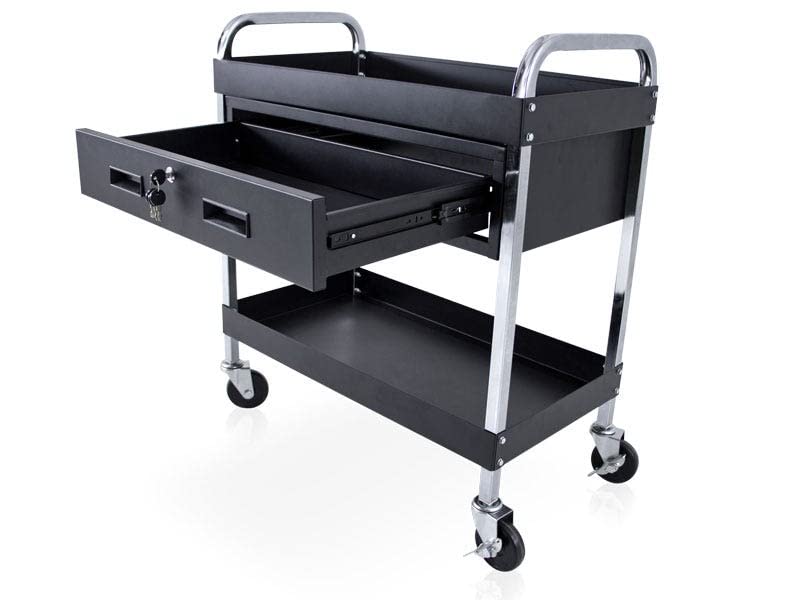 QUIRUMED - Carro para Peluquería y Tatuajes | Bandeja Superior e Inferior | Cajón con Cerradura | Ruedas con Freno, Negro, Normal, Acero Aleado
