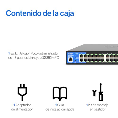 Linksys LGS352MPC-EU switch PoE+ de red Gigabit de 48 puertos a 740 W con 4 ranuras SFP+ 10G de subida, conmutador Ethernet administrado inteligente con carcasa metálica y montaje de sobremesa/pared