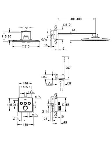 GROHE Grohtherm SmartControl- Set de ducha termostático (ducha mural cuadrada 31cm con 2 chorros, termostato empotrado, teleducha stick con soporte y flexo), listo para instalar, cromo, 34706000
