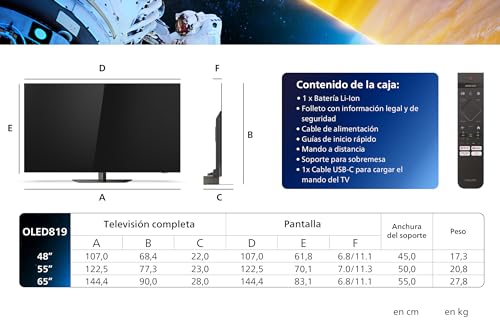 Philips Ambilight 48OLED819: Smart TV 4K OLED - Pantalla de 48 Pulgadas con P5 AI Picture, Google TV, Dolby Vision y Dolby Atmos Sound, Funciona con Alexa y Asistente de Google - Metal