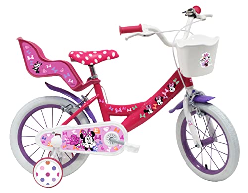 Bicicleta Infantil de 14 Pulgadas, niña Minnie/Disney Equipada con 2 Frenos, Soporte Trasero para muñecas, Cesta Delantera y Casco incluidos