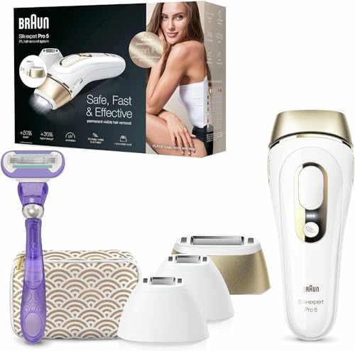 Braun Silk-expert Pro 5 Depiladora Mujer Luz Pulsada IPL, con 2 Cabezales Standar y 2 de Precisión, Alternativa a la Depilación Láser en Casa, Regalos Originales para Mujer, PL 5137MN, Blanco/Dorado