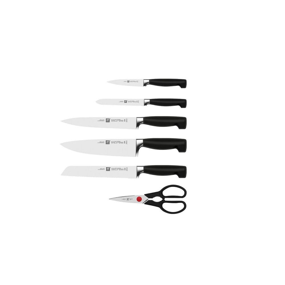 ZWILLING Bloque de cuchillos auto-afilables, 7 piezas, bloque de madera, cuchillos y tijeras con mango especial de acero inoxidable/plástico, Four Star