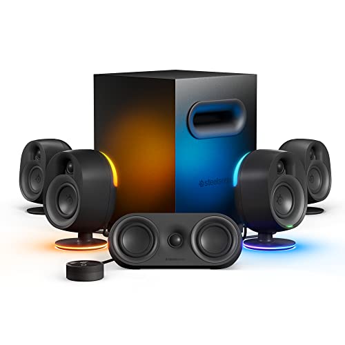 SteelSeries Arena 9 - Altavoces gaming 5.1 – Sonido envolvente USB 5.1 – Altavoces traseros inalámbricos – Diseño de altavoces de 2 vías – Subwoofer – Iluminación RGB reactiva – USB, Bluetooth