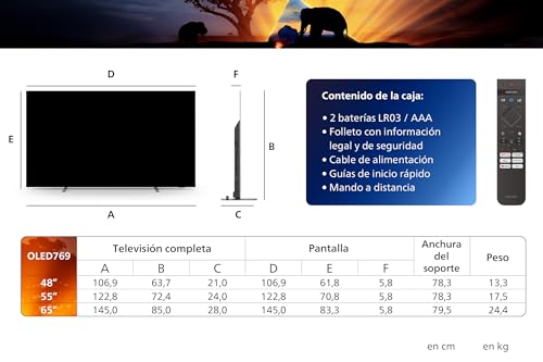 Philips Ambilight 55OLED769: Smart TV 4K OLED - Pantalla de 55 Pulgadas con P5 AI Picture, Titan OS, Dolby Vision y Dolby Atmos Sound, Funciona con Alexa y Asistente de Google - Marco Metálico