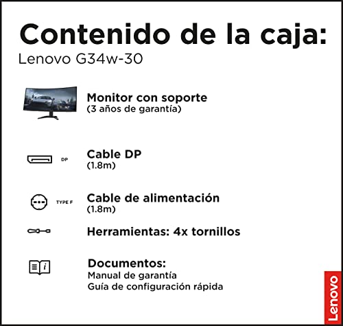 Lenovo G34w-30 - Monitor Gaming Curvo con EyeSafe, 34'' UWQHD (VA, 170Hz (OD), 0.5ms MPRT, HDMI+DP, Cable DP, FreeSync, Altavoces) Ajuste de inclinación/altura - Negro