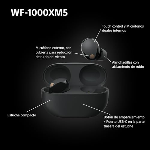 Auriculares inalámbricos con Noise Cancelling SONY WF-1000XM5, bluetooth, auriculares in-ear, micrófono, hasta 24 horas de batería, carga rápida, IPX4, Alexa y Google Assitant, iOS y Android - Negro