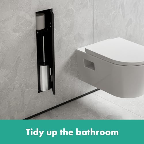 hansgrohe XtraStoris Rock, escobillero baño empotrado con repisa y puerta alicatable, nicho de pared baño, escobilla wc empotrada, escobilla baño empotrada, accesorios baño, negro mate, 56060670