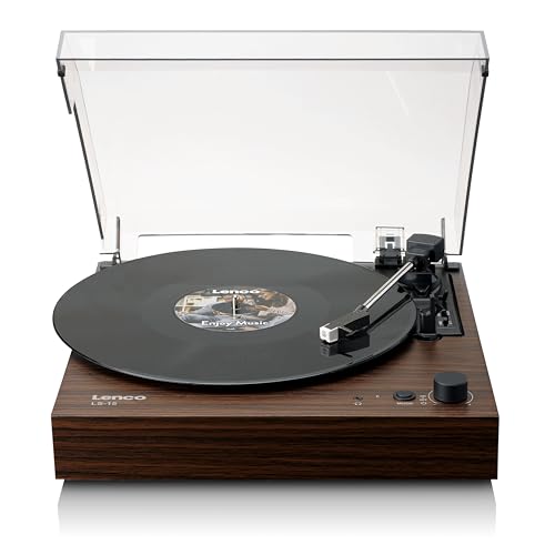 Lenco Tocadiscos LS-15WD – Recepción y transmisión Bluetooth®, 2 altavoces integrados, pastillas AT3600L, transmisión por correa, parada automática, 33/45 rpm, AUX y RCA, marrón