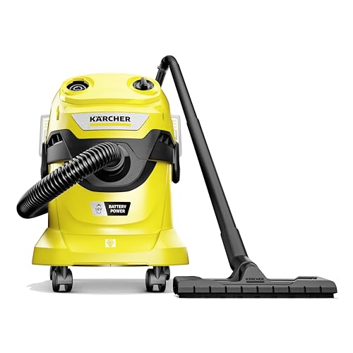Kärcher WD 4-18, motor 36 V (2 x 18 V), depósito de plástico 20 l, función de soplado, filtro plegado plano, bolsa de filtro de fieltro, manguera de aspiración 2,2 m, boquilla para suelos, sin batería