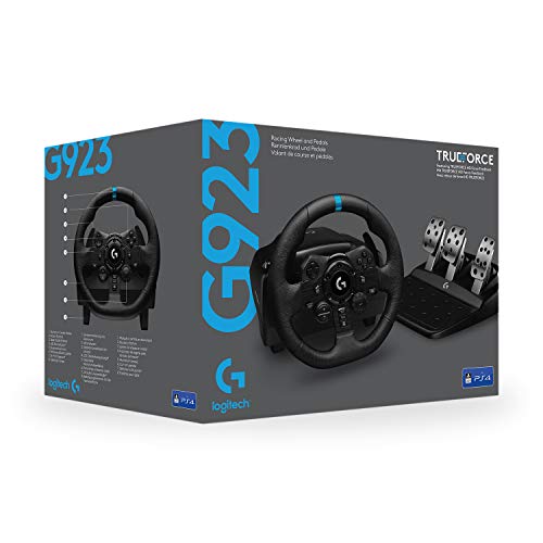 Logitech G G923 Racing Wheel and Pedals, Force Feedback TRUEFORCE,1.000 Hz, respuesta eficaz, control de salida de doble embrague, volante auténtico, para PS5, PS4, PC, Mac - Negro