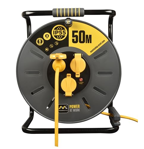 Masterplug Pro-XT Enrollacable 50m, Alargador Enchufe IP55, Extensión Eléctrica 3 Tomas Schuko, Alargo Enchufe Profesional 3x1,5mm2