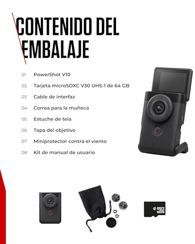 Canon Powershot V10 Starter Kit + Accesorios + Memoria 64GB, Cámara Vlogging y Streaming, Sensor 1" 20,9 MP, Vídeo 4K, Objetivo 19mm, WiFi, Bluetooth y USB-C, Pantalla Táctil Ángulo Variable, Negro