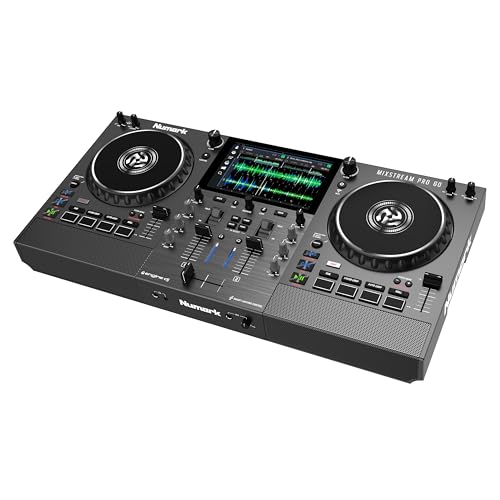 Numark Mixstream Pro Go - Controlador DJ portátil, batería, mezclador con separación de stems, altavoces, streaming wifi, pantalla táctil y Serato DJ