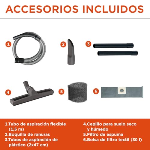 Black+Decker BXVC30XDE Aspirador Multiuso de sólidos y líquidos (1600 W, 30 L, Acero INOX)