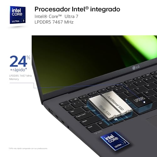 LG gram 16Z90S-G.AD89B - Portátil Ultraligero de 40.6 cm (16") 2560x1600, Panel IPS, Intel Core Ultra 7, 32 GB RAM, 1TB SSD, 1,199 g, batería hasta 24.5 h, W11 Home, Gris, Teclado Qwert Español