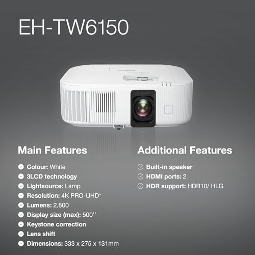Epson EH-TW6150, Proyector 4K Pro-UHD Home Cinema & Gaming, 2800 lúmenes, Contraste 35.000:1, Lámpara Larga Duración 7500 Horas, Pantalla hasta 500”, Tecnología 3LCD