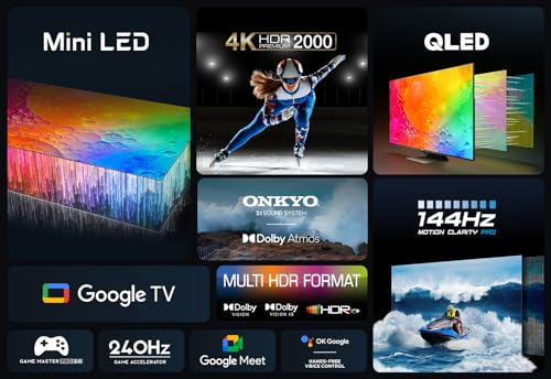 TCL 55C841, 55" Mini LED TV, QLED 144Hz Panel, 4K Ultra HD, Google TV (Dolby Vision & Atmos, Onkyo 2.1 Audio, Hands-Free Voice Control)