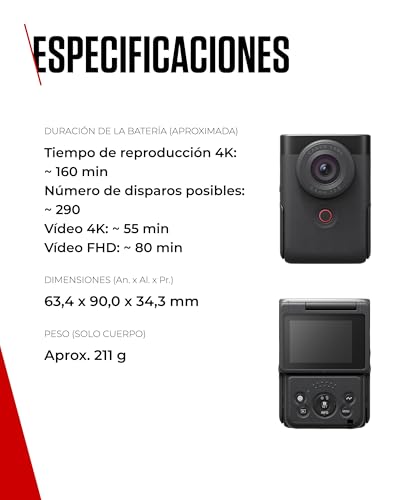 Canon Powershot V10 Starter Kit + Accesorios + Memoria 64GB, Cámara Vlogging y Streaming, Sensor 1" 20,9 MP, Vídeo 4K, Objetivo 19mm, WiFi, Bluetooth y USB-C, Pantalla Táctil Ángulo Variable, Negro