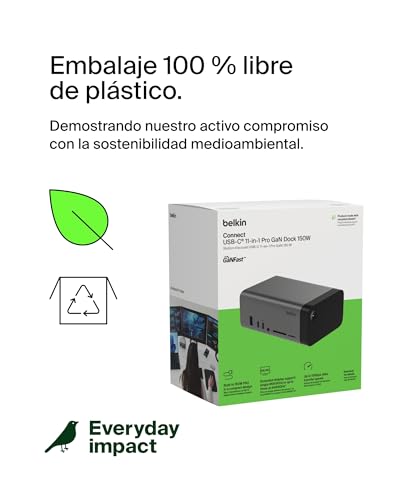 Belkin Hub USB-C, Base Dock USB c 11 en 1 Pro GAN 150 W, Docking Station con USB-C, USB-A, Ethernet, SD, MicroSD, Puerto 3,5 mm, Puertos HDMI 4K para Tres monitores, Compatible con MacBook Pro y más