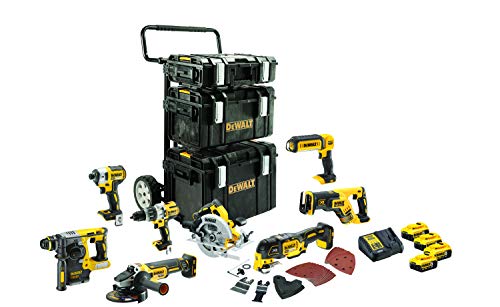 DEWALT DCK853P4-QW - Combo pack profesional, Taladro percutor, Martillo eléctrico, Amoladora, Atornillador de Impacto, sierra circular, Sierra de sable, Multi herramienta, Linterna LED