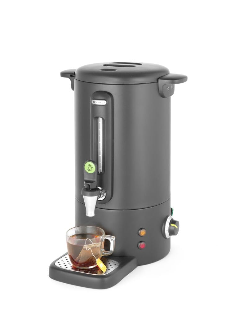HENDI Hervidor de agua eléctrico 9L, dispensador de bebidas calientes, termo de una pared para vino, té, hasta 100°C, 230V, 50/60Hz, 950W, 307x330x(H)450mm, negro mate, acero inoxidable, PP