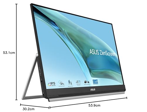 ASUS ZenScreen MB249C - Monitor portátil de 23,8" FHD (1920 x 1080), sin marco, IPS, antirreflejos, USB-C, altavoces, peana, abrazadera en C, gancho para separadores, sostenibilidad ecológica