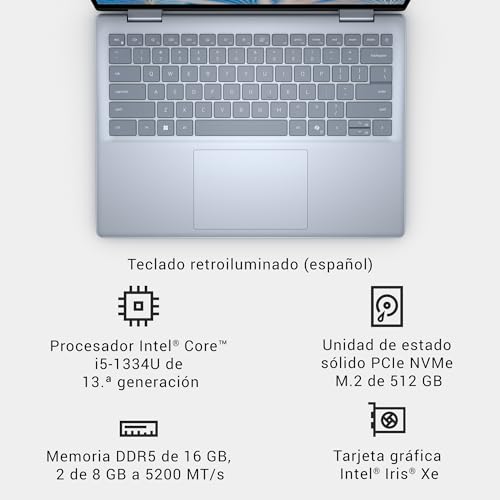 Dell Inspiron 14 7440 Ordenador Portátil táctil Convertible de 14" FHD+,Intel Core i5-1334U, Intel Iris Xe Graphics,16GB RAM, 512GB SSD,Windows 11, Teclado retroiluminado QWERTY Español, Cloud Cover