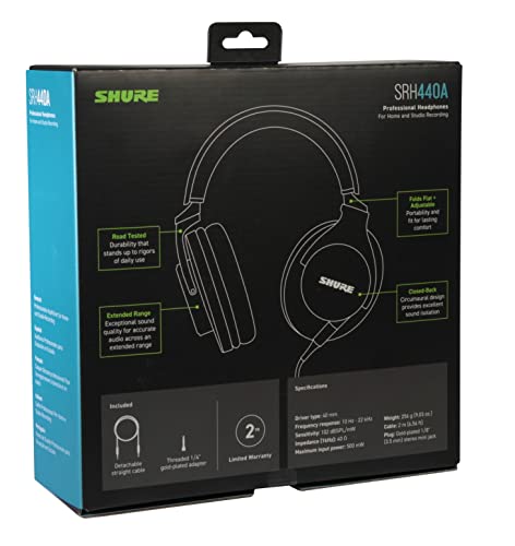 Shure SRH440A Auriculares con Cable de oído para el monitoreo y la grabación, Grado de Estudio Profesional, Respuesta de frecuencia Mejorada - Versión 2022