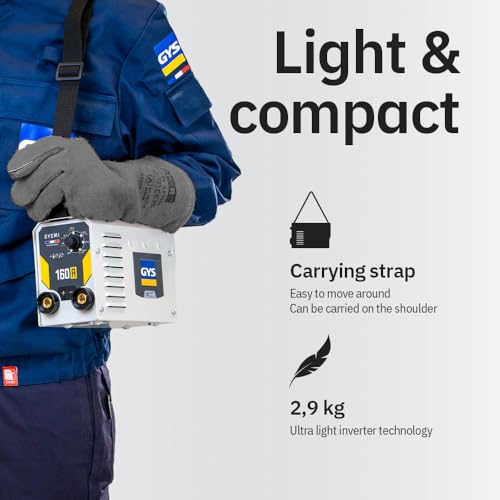 GYS, GYSMI 160A, estación de soldadura con electrodo recubierto de 160 A monofásico de 230 V (MMA), con máscara LCD TECHNO 11, portaelectrodos, cable de masa, 10 electrodos Ø2,5 mm, martillo/cepillo