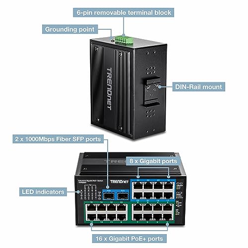 TRENDnet TI-PG262 TI-PG262 - Conmutador Industrial no administrado con 26 Puertos Gigabit PoE+, 8 Puertos Gigabit RJ-45, 2 Puertos SFP, IP30, protección de por Vida, Color Negro