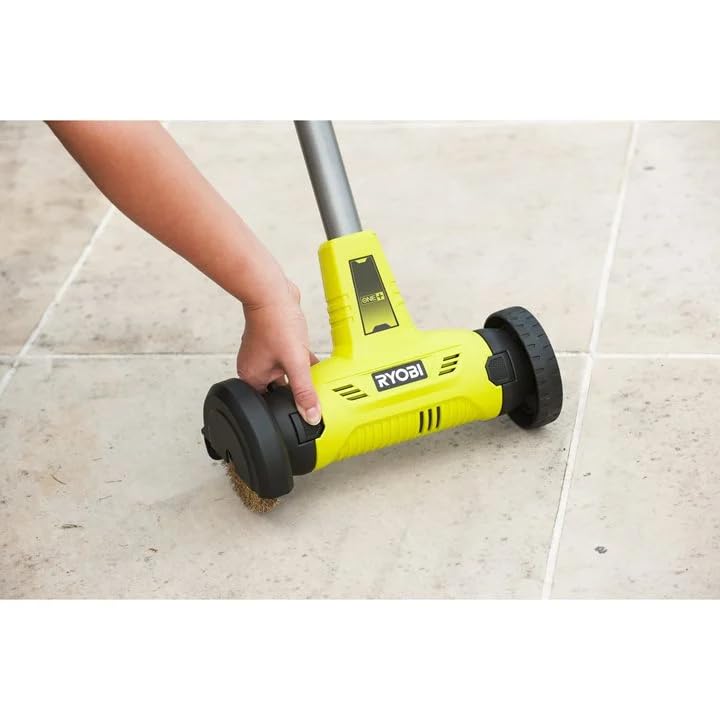 RYOBI - Limpiador de Juntas Sin Cable 18V ONE+ - Limpieza de Terrazas, Calzadas, Bordes de Piscinas - Mango Ergonómico, Tubo Telescópico - Buena Autonomía - Batería 2Ah, Cargador 1,5A, Cepillo Alambre