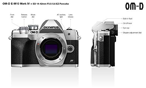 Kit de cámara del Sistema Micro Four Thirds Olympus OM-D E-M10 Mark IV, Sensor de 20 Mpx, Visor electrónico, vídeo 4K, Wi-Fi, Plata, Incluye el M.Zuiko Digital ED 14-42mm F3.5-5.6 EZ Pancake Plata