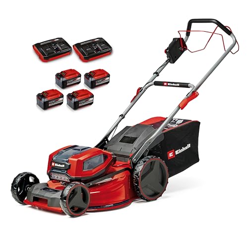 Einhell Kit cortacésped con batería GP-CM 36/52 S Li BL Power X-Change (36V, 52cm de Ancho de Corte, hasta 1200m2, sin escobillas, Cesta 65L, accionamiento de Ruedas, Incl. 4X5,2Ah + 2 Twincharger)