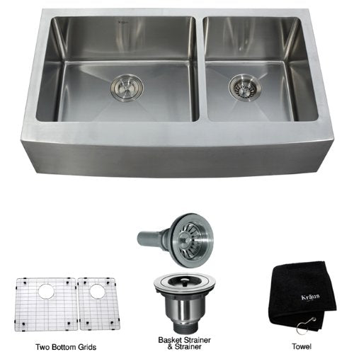 Kraus KHF203-36 36 inch Farmhouse Apron 60/40 Double Bowl 16 gauge Stainless Steel Kitchen Sink