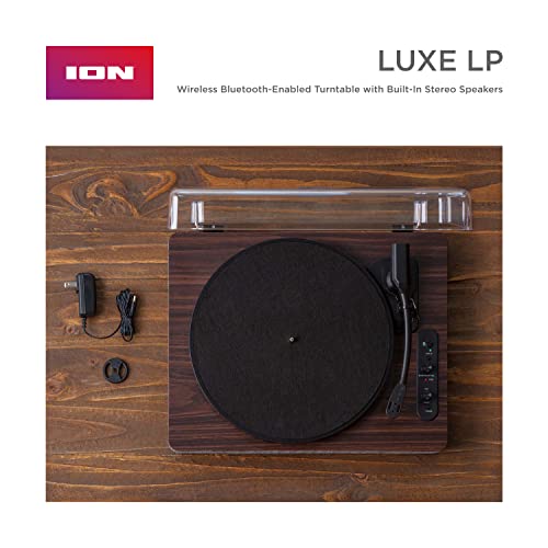 ION Audio Luxe LP - Tocadiscos de Vinilo Bluetooth con Altavoces, conversión USB, Plato de tamaño Completo, Auto-Stop, Salida de Auriculares, 3 velocidades, Madera Tintada