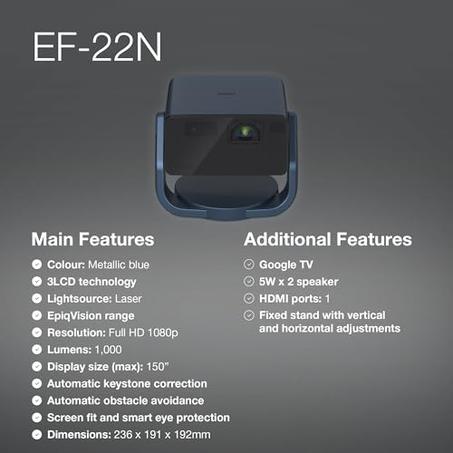 Epson EF-22N Mini Smart Laser Projector | Proyector Portátil Full HD, 1920 x 1080p, Altavoz Bluetooth de 5W, Proyección a Pared, Suelo o Techo, 1000 Lúmenes, Google TV | 150", Azul/Negro