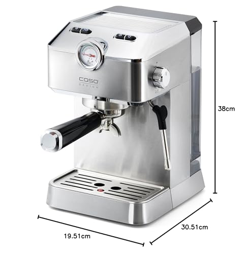 Caso Espresso Gourmet - Cafetera de acero inoxidable con bomba Ulka 19 bares con espumador de leche, para café en polvo o cápsulas ESE, para 2 tazas, con placa calefactora para taza