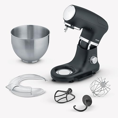 SEVERIN Robot de cocina con báscula, amasadora profesional hasta 3kg, robot multifunción con gancho amasador, batidor plano y varillas, 1000 W, negro mate/acero inoxidable, KM 3898