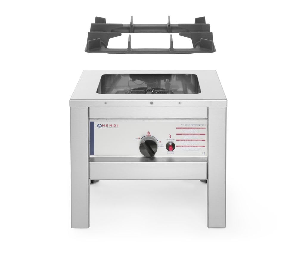 HENDI Fogón de gas, para interior y exterior, para gas propano, con termopar, encendido piezoeléctrico, aro del quemador de hierro fundido esmaltado, 6,7kW, 425x425x(H)400mm, acero inoxidable 18/0