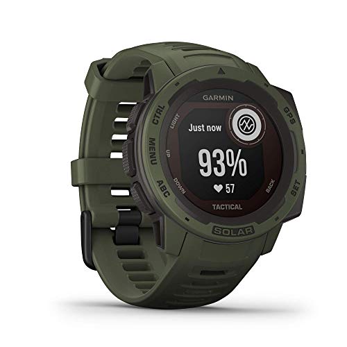 Garmin Instinct Tactical Solar, Reloj inteligente con GPS resistente al agua, func. tácticas, función de carga solar, func. deportivas, pulsioximetría y notificaciones del smartphone, Verde Militar